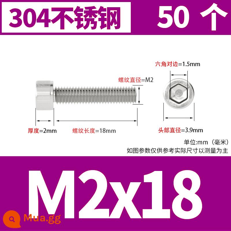 Thép không gỉ 304 cốc đầu lục giác vít đầu trụ vít nối dài 10mm bu lông M2M3M4M5M6M8 - M2*18[50 cái]