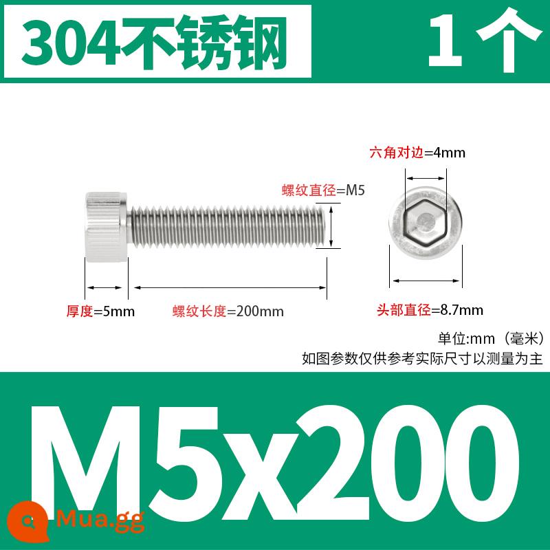 Thép không gỉ 304 cốc đầu lục giác vít đầu trụ vít nối dài 10mm bu lông M2M3M4M5M6M8 - M5*200[1 cái]