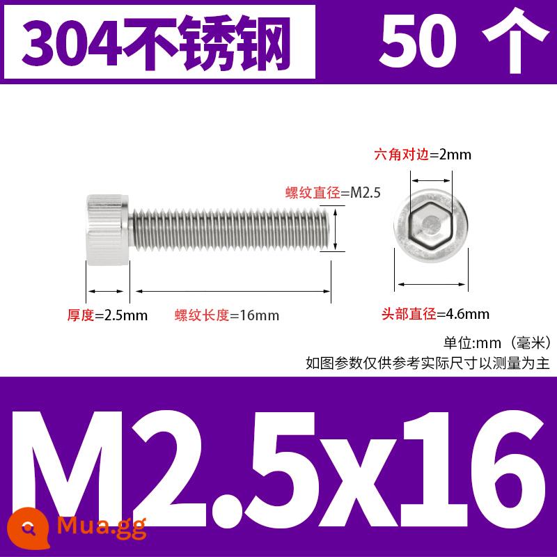 Thép không gỉ 304 cốc đầu lục giác vít đầu trụ vít nối dài 10mm bu lông M2M3M4M5M6M8 - M2.5*16[50 chiếc]