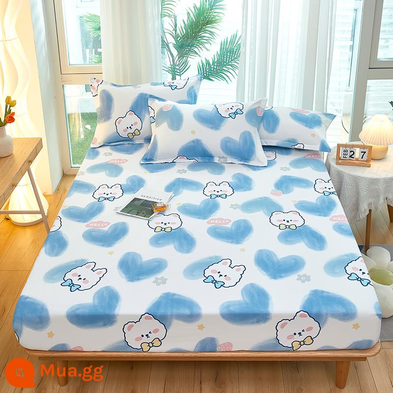 Túi trải giường bằng cotton dày dặn, ga trải giường bằng vải cotton một mảnh, nệm 1,8m, túi trải giường chống trượt 1,5 bộ ga trải giường trọn gói, bộ 3 món - gấu ngọt ngào màu xanh da trời