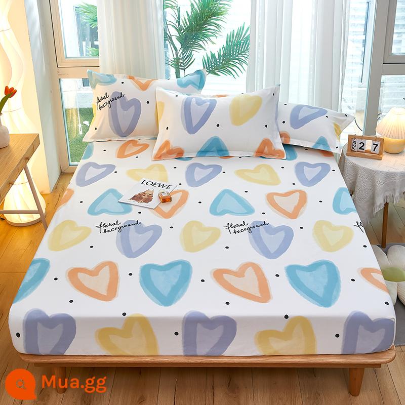 Túi trải giường bằng cotton dày dặn, ga trải giường bằng vải cotton một mảnh, nệm 1,8m, túi trải giường chống trượt 1,5 bộ ga trải giường trọn gói, bộ 3 món - tình yêu màu xanh nhạt mơ màng