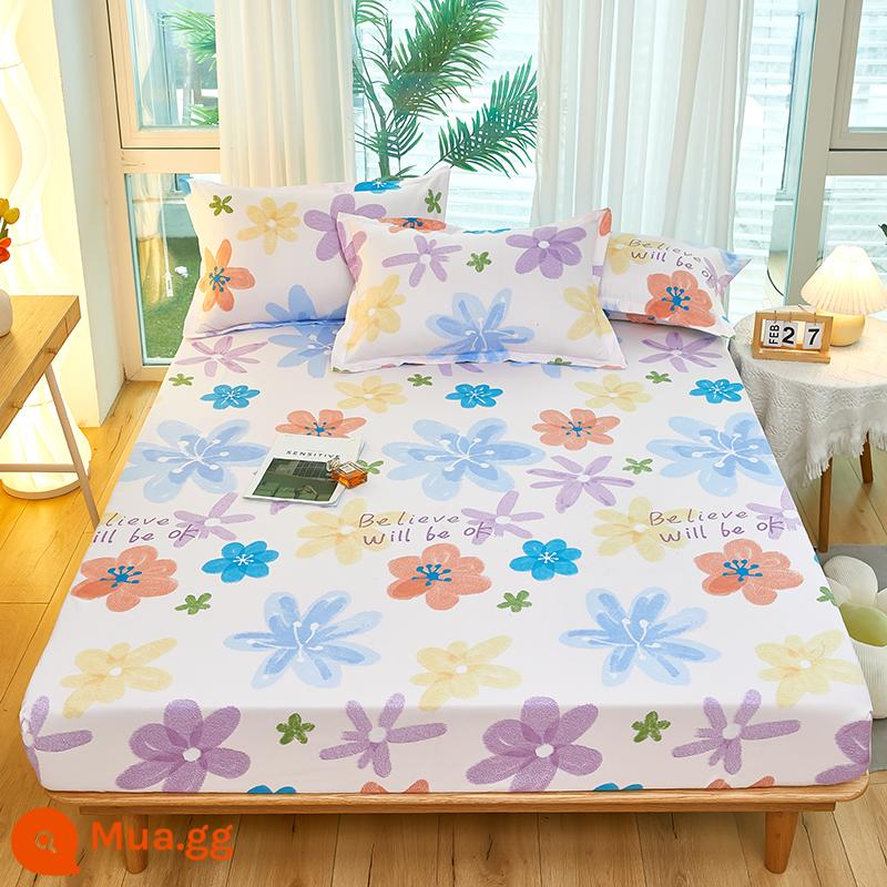 Túi trải giường bằng cotton dày dặn, ga trải giường bằng vải cotton một mảnh, nệm 1,8m, túi trải giường chống trượt 1,5 bộ ga trải giường trọn gói, bộ 3 món - giọt mưa màu vàng chanh nở