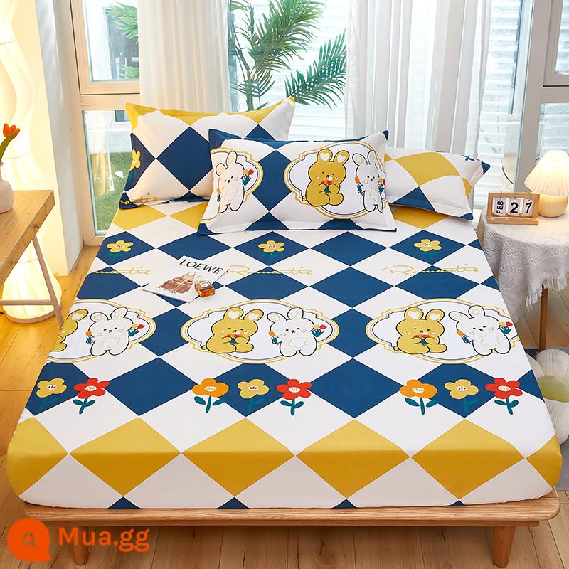 Túi trải giường bằng cotton dày dặn, ga trải giường bằng vải cotton một mảnh, nệm 1,8m, túi trải giường chống trượt 1,5 bộ ga trải giường trọn gói, bộ 3 món - màu vàng nhạt yêu nhau