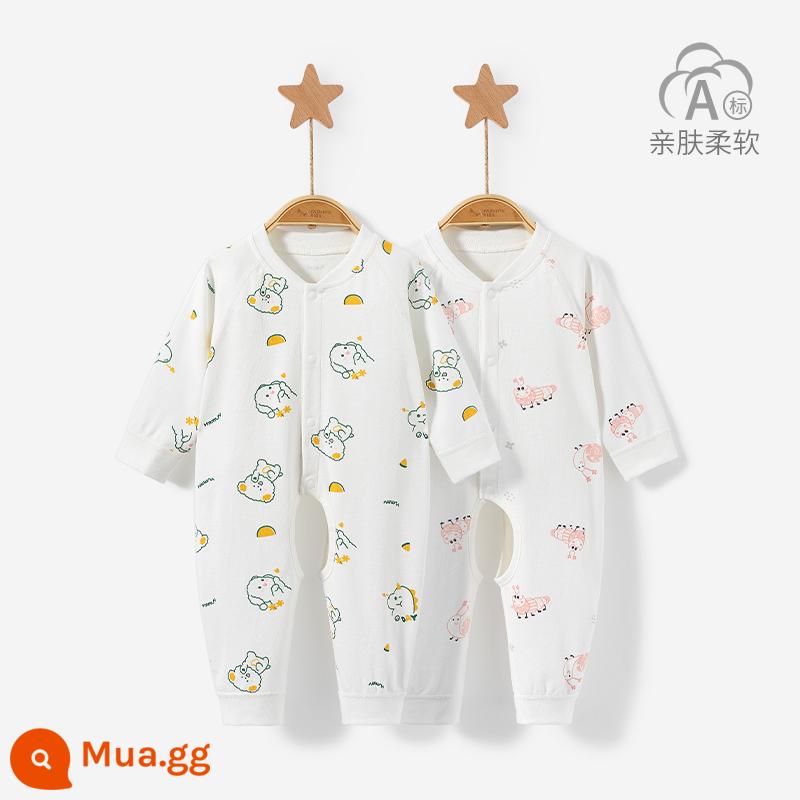 Áo liền quần cho bé mùa xuân, mùa thu đông sơ sinh đáy cotton nguyên chất ấm Bộ đồ ngủ nam nữ mở tập tin áo liền quần phù hợp với quần áo trẻ em - 3LT001 Ốc hồng/chó xanh dễ thương 2 miếng