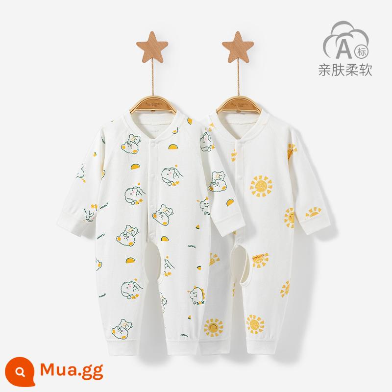 Áo liền quần cho bé mùa xuân, mùa thu đông sơ sinh đáy cotton nguyên chất ấm Bộ đồ ngủ nam nữ mở tập tin áo liền quần phù hợp với quần áo trẻ em - 3LT001 chú chó xanh/nắng vàng 2 chiếc