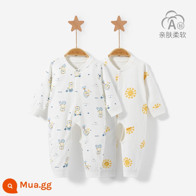 Áo liền quần cho bé mùa xuân, mùa thu đông sơ sinh đáy cotton nguyên chất ấm Bộ đồ ngủ nam nữ mở tập tin áo liền quần phù hợp với quần áo trẻ em - 3LT001 Sư Tử Xanh/Mặt Trời Vàng 2 Cái