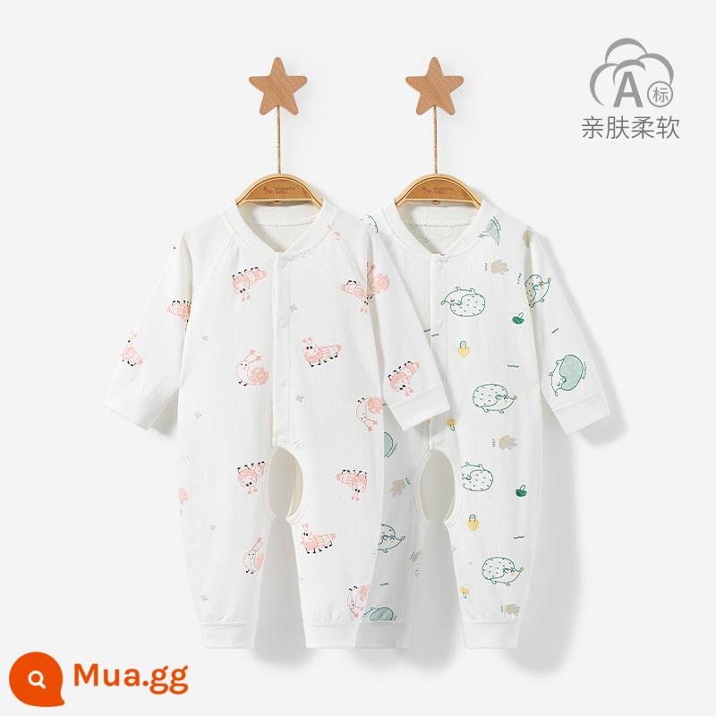 Áo liền quần cho bé mùa xuân, mùa thu đông sơ sinh đáy cotton nguyên chất ấm Bộ đồ ngủ nam nữ mở tập tin áo liền quần phù hợp với quần áo trẻ em - 3LT001 Ốc hồng/nhím xanh 2 con