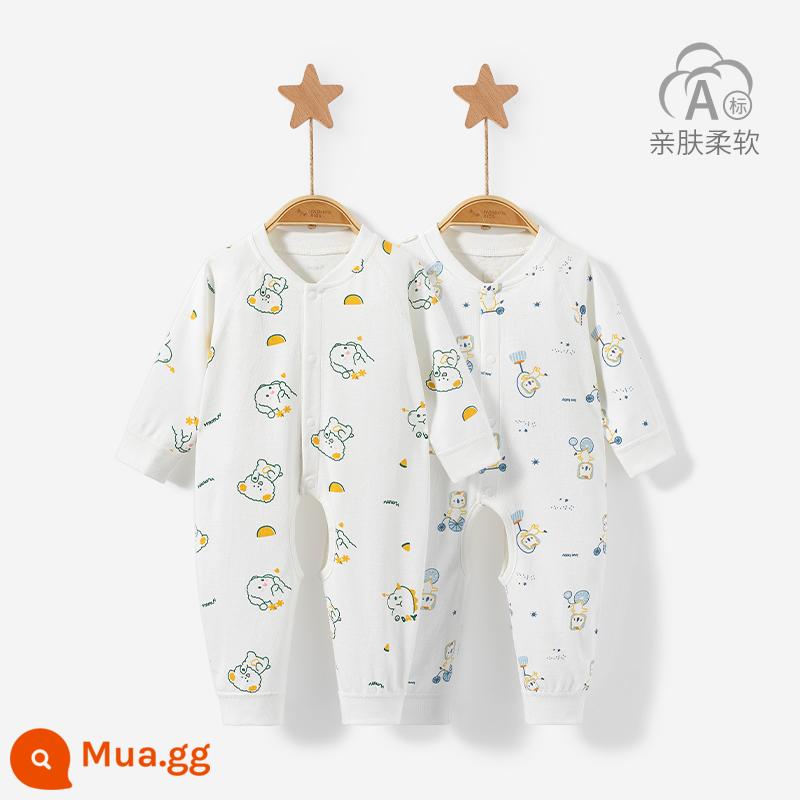 Áo liền quần cho bé mùa xuân, mùa thu đông sơ sinh đáy cotton nguyên chất ấm Bộ đồ ngủ nam nữ mở tập tin áo liền quần phù hợp với quần áo trẻ em - 3LT001 chú chó xanh dễ thương/sư tử xanh 2 miếng