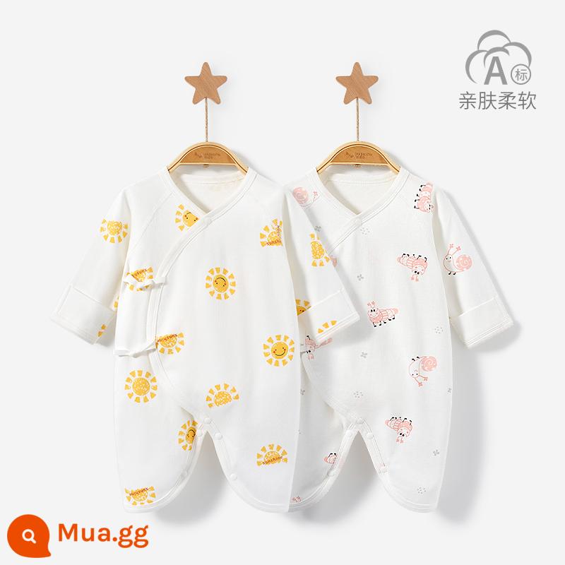 Quần áo trẻ sơ sinh mùa xuân, mùa thu và mùa đông cotton sơ sinh đáy bướm nhà sư áo liền quần nam và nữ phù hợp với áo liền quần trẻ em - 3XL002 Ốc hồng/nắng vàng 2 chiếc