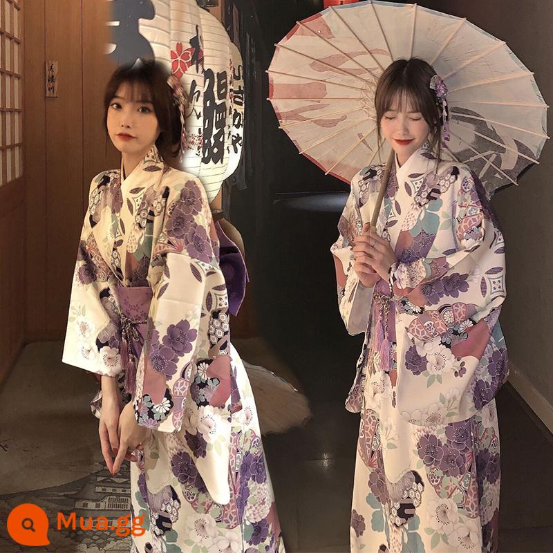 Trang phục chính thức của phụ nữ kimono truyền thống cổ điển và gió trắng gió nhẹ được cải tiến theo phong cách Nhật Bản ngoại cảnh nữ thần ảnh quần áo - Bộ kimono số 2 có kèm quạt hoa viền trắng