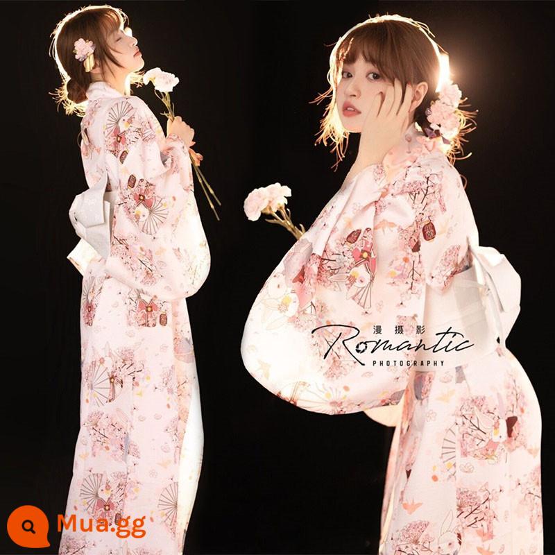 Trang phục chính thức của phụ nữ kimono truyền thống cổ điển và gió trắng gió nhẹ được cải tiến theo phong cách Nhật Bản ngoại cảnh nữ thần ảnh quần áo - Áo kimono số 5 kèm quạt hoa viền trắng