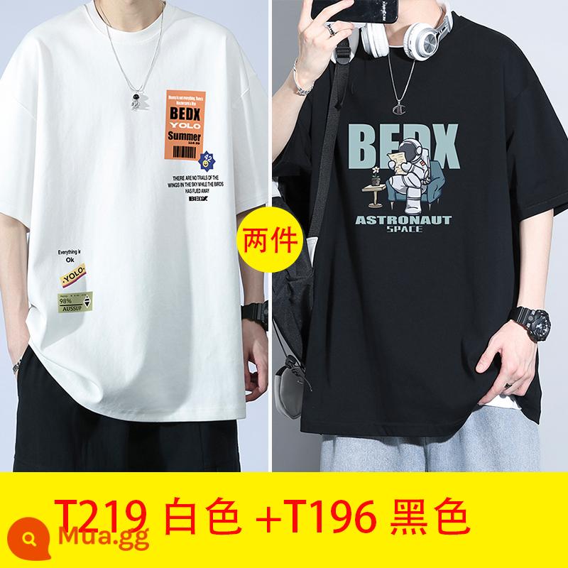 Thanh niên mùa hè cotton ngắn tay áo thun nam big boy mùa hè 2023 học sinh trung học cơ sở và trung học mới đẹp trai quần áo nam - T219 trắng + T196 đen