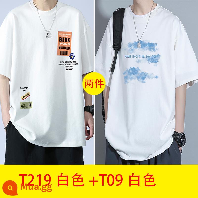 Thanh niên mùa hè cotton ngắn tay áo thun nam big boy mùa hè 2023 học sinh trung học cơ sở và trung học mới đẹp trai quần áo nam - T219 trắng+T09 trắng