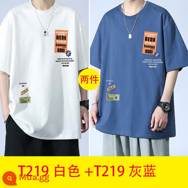 Thanh niên mùa hè cotton ngắn tay áo thun nam big boy mùa hè 2023 học sinh trung học cơ sở và trung học mới đẹp trai quần áo nam - T219 trắng + T219 xanh