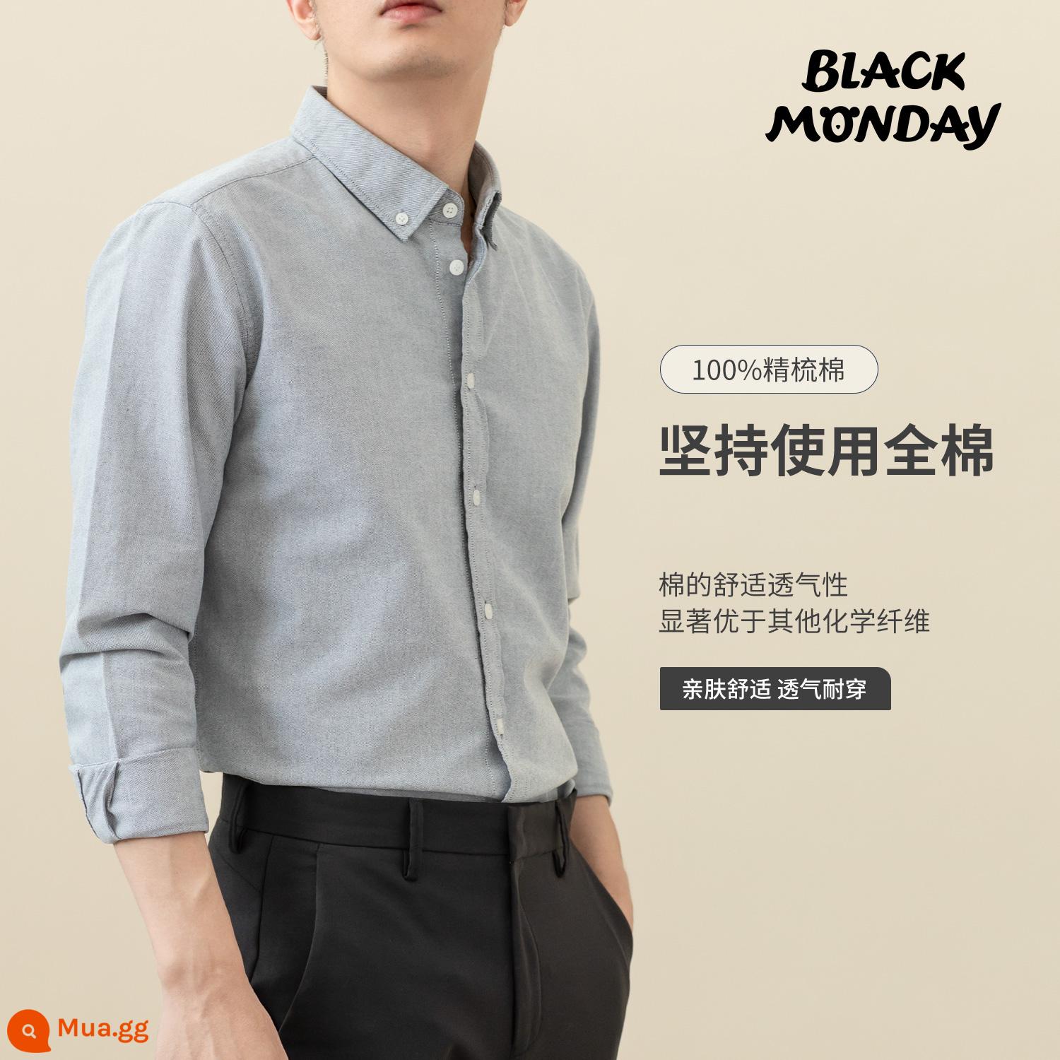 [Cotton Oxford kéo sợi] Áo sơ mi cotton mùa xuân và mùa thu Áo sơ mi nam dài tay màu xám Thời trang công sở bình thường cho sinh viên Áo sơ mi inch - xám