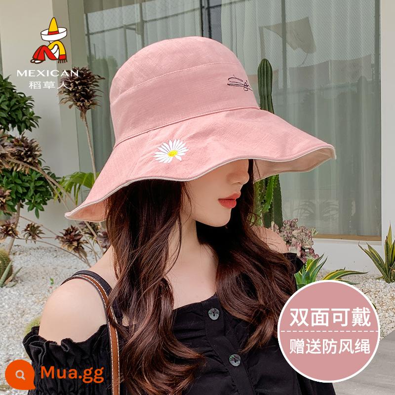 Mũ bù nhìn nữ mùa hè mùa xuân mũ ngư dân hai mặt phiên bản Hàn Quốc mũ che nắng thủy triều phù hợp với mặt mũ chống nắng vành lớn - Mẫu hoa cúc lớn: hồng + be [có thể mặc thêu 2 mặt và kèm dây chống gió]