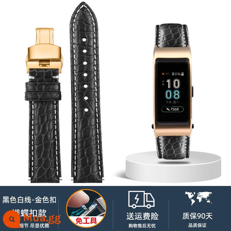 Thích nghi Huawei B6 B5 Dây đeo bằng da cá sấu bằng da thông minh B3 Rose Gold Men Business Sports 16mm - Dây Đen Trắng - Khóa Bướm Vàng