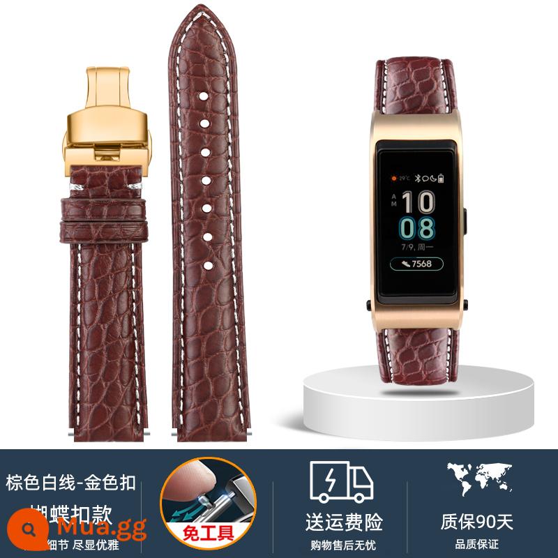 Thích nghi Huawei B6 B5 Dây đeo bằng da cá sấu bằng da thông minh B3 Rose Gold Men Business Sports 16mm - Dây Nâu Trắng - Khóa Bướm Vàng