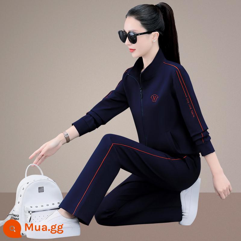 Bộ đồ thể thao mùa xuân và mùa thu dành cho nữ Cổ áo đứng Áo khoác Cardigan giảm béo của mẹ Bộ hai món dáng rộng Phong cách phương Tây Trang phục chạy bộ thông thường - ngọc bích