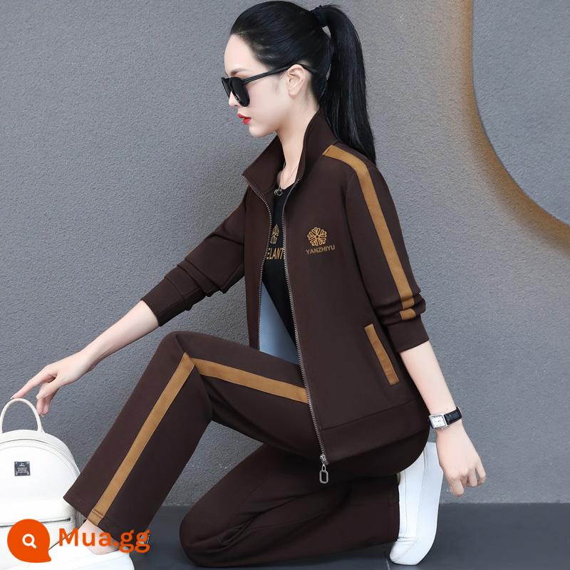 Bộ đồ thể thao thương hiệu dành cho nữ xuân thu 2023 phong cách mới phong cách nước ngoài cotton nguyên chất áo thun dáng rộng chạy bộ thường ngày bộ đồ ba mảnh xu hướng - Cà phê 6002 (bộ 3 món) chất lượng cao