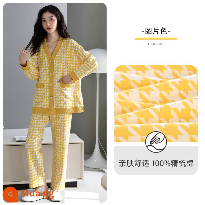 Bộ đồ ngủ người mèo nữ cotton nguyên chất phong cách xuân thu 2023 mới mùa thu dài tay phần mỏng có thể mặc ngoài bộ đồ phục vụ tại nhà - ZJ67137 (áo cardigan kiểu cổ chữ V)