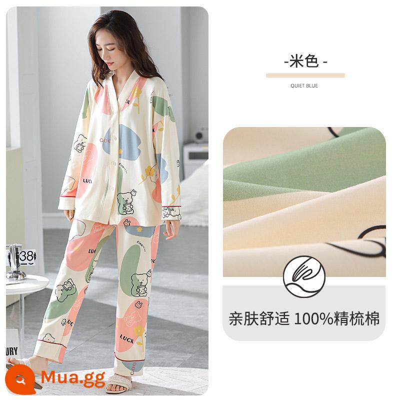 Bộ đồ ngủ người mèo nữ cotton nguyên chất phong cách xuân thu 2023 mới mùa thu dài tay phần mỏng có thể mặc ngoài bộ đồ phục vụ tại nhà - ZJ67124 (áo cardigan kiểu cổ chữ V)