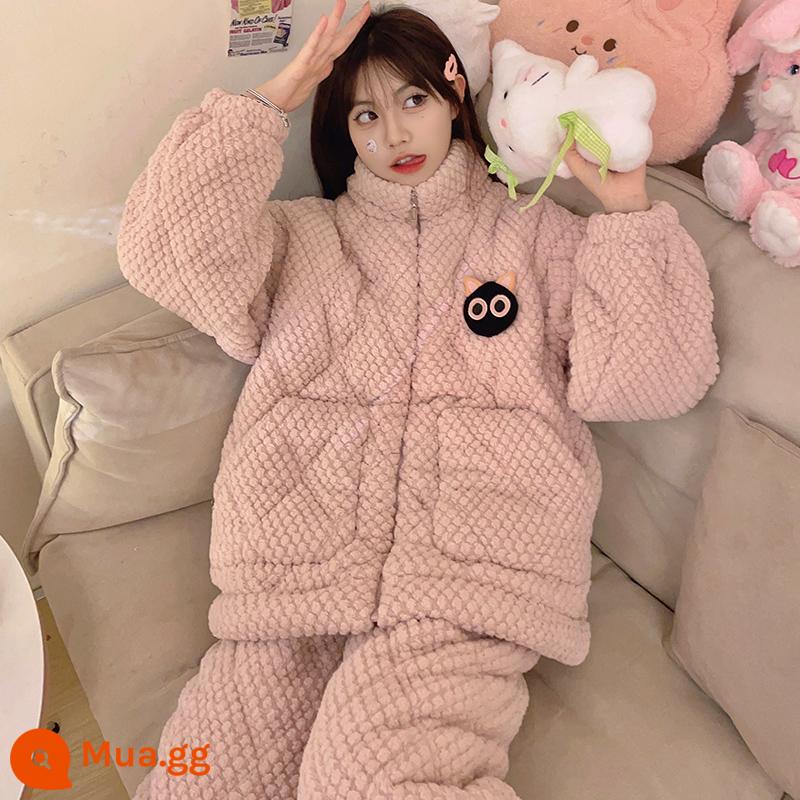 Mùa Đông Nhung San Hô 3 Lớp Cotton Bộ Đồ Ngủ Nữ Dày Ấm Plus Nhung Phù Hợp Với Dây Kéo Dép Nỉ Sweet Home Quần Áo - 83639