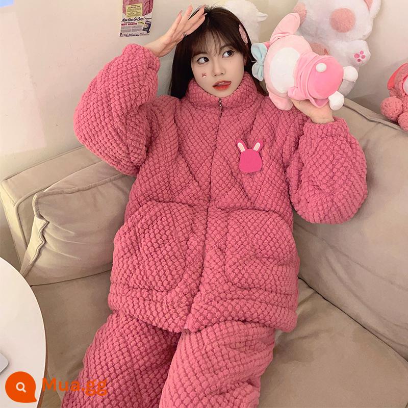 Mùa Đông Nhung San Hô 3 Lớp Cotton Bộ Đồ Ngủ Nữ Dày Ấm Plus Nhung Phù Hợp Với Dây Kéo Dép Nỉ Sweet Home Quần Áo - 83609