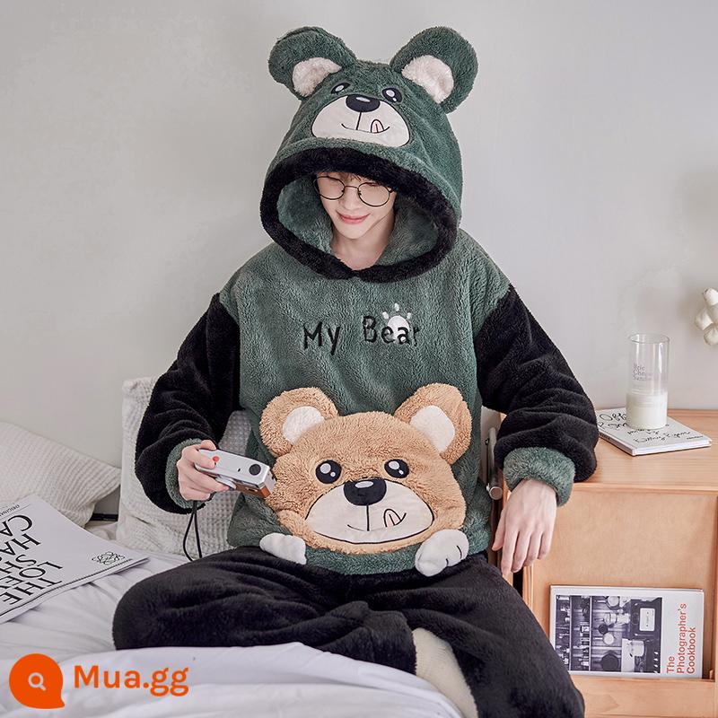 Nỉ san hô Bộ đồ ngủ nam mùa thu đông mẫu mùa đông dày Plus nhung ấm flannel mùa đông thanh niên phục vụ tại nhà phù hợp với - 9238 (có mũ trùm đầu)