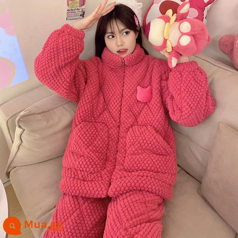 Mùa Đông Nhung San Hô 3 Lớp Cotton Bộ Đồ Ngủ Nữ Dày Ấm Plus Nhung Phù Hợp Với Dây Kéo Dép Nỉ Sweet Home Quần Áo - 83623