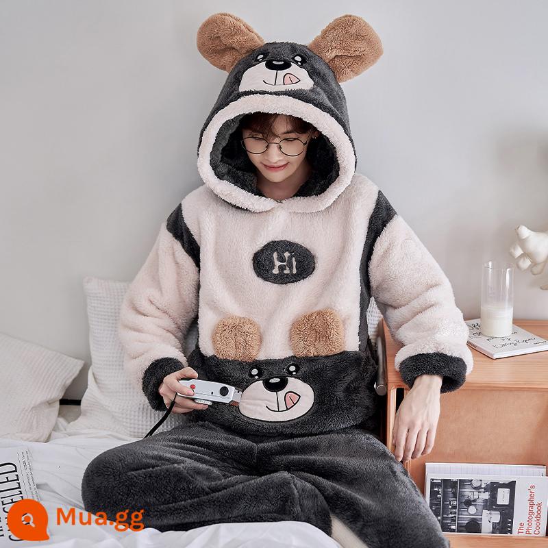 Nỉ san hô Bộ đồ ngủ nam mùa thu đông mẫu mùa đông dày Plus nhung ấm flannel mùa đông thanh niên phục vụ tại nhà phù hợp với - 9248 (có mũ trùm đầu)