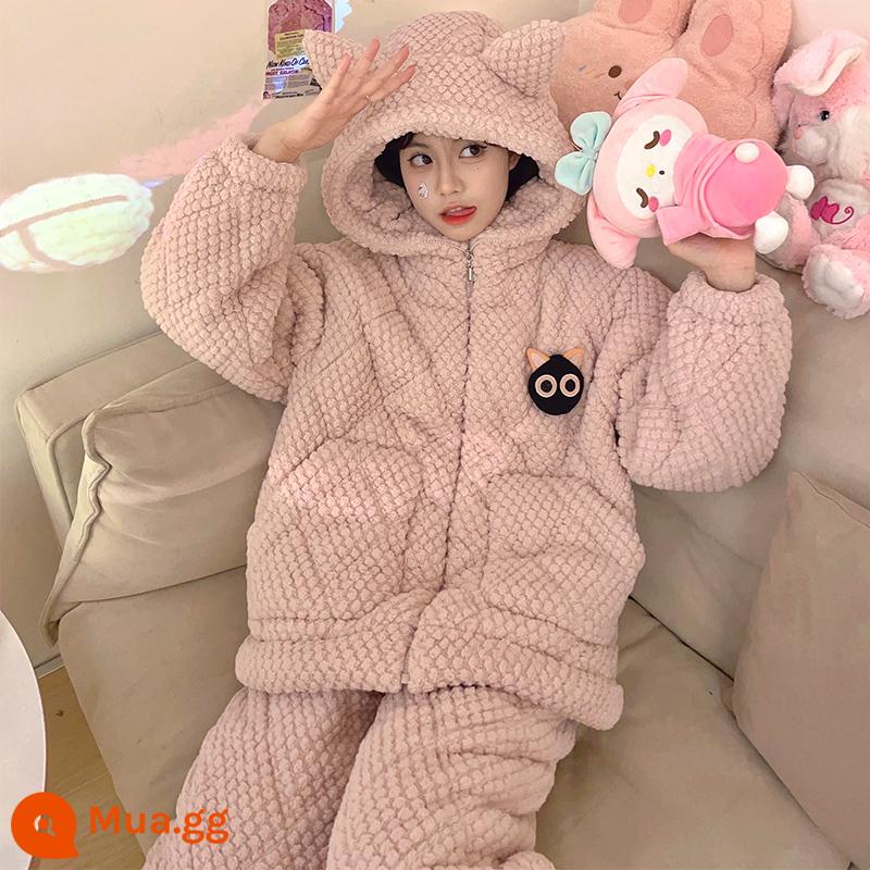 Mùa Đông Nhung San Hô 3 Lớp Cotton Bộ Đồ Ngủ Nữ Dày Ấm Plus Nhung Phù Hợp Với Dây Kéo Dép Nỉ Sweet Home Quần Áo - 83640