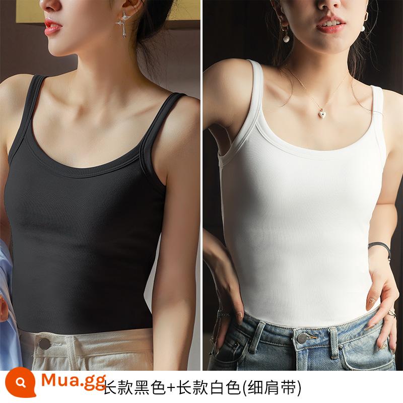 Yếm nữ mùa hè mặc trong có đệm ngực tích hợp áo ngực mặc ngoài màu trắng dáng dài cotton nguyên chất hở lưng đẹp - Bản dài màu đen + bản dài màu trắng (dây đeo vai mỏng)