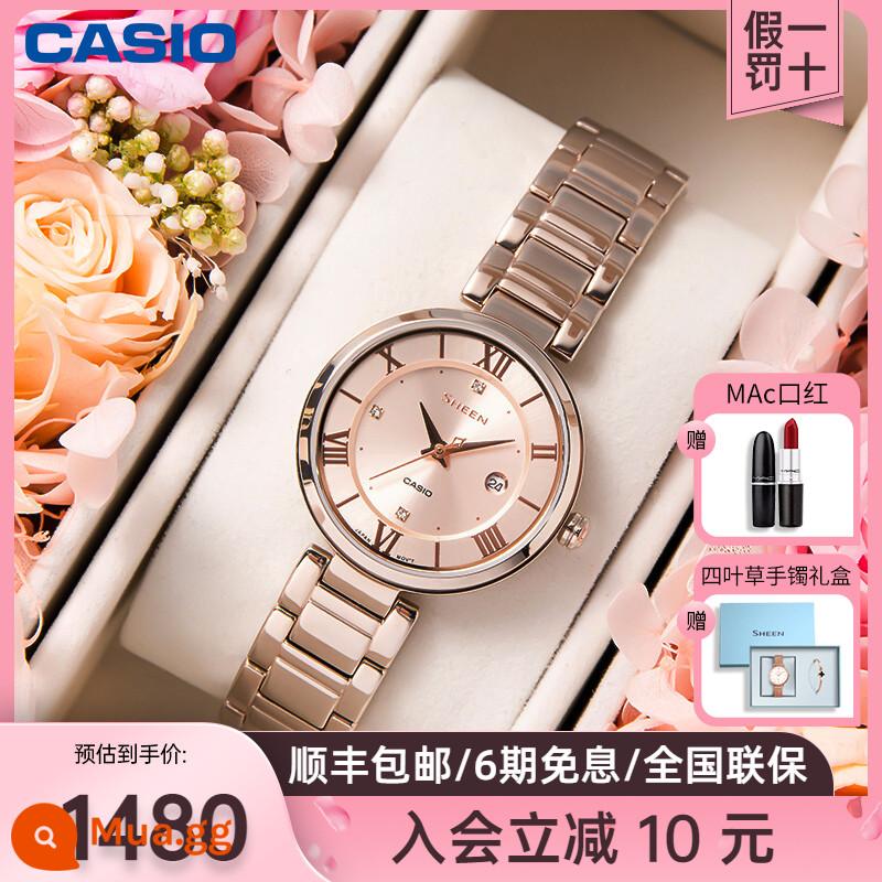 Đồng hồ CASIO nữ ánh sáng thời trang thích hợp ánh sáng sang trọng đơn giản khí chất đồng hồ thạch anh nữ vàng nhỏ 4539/4540 - 13.SHE-4529CG-4AUPR phiên bản hộp quà cỏ bốn lá