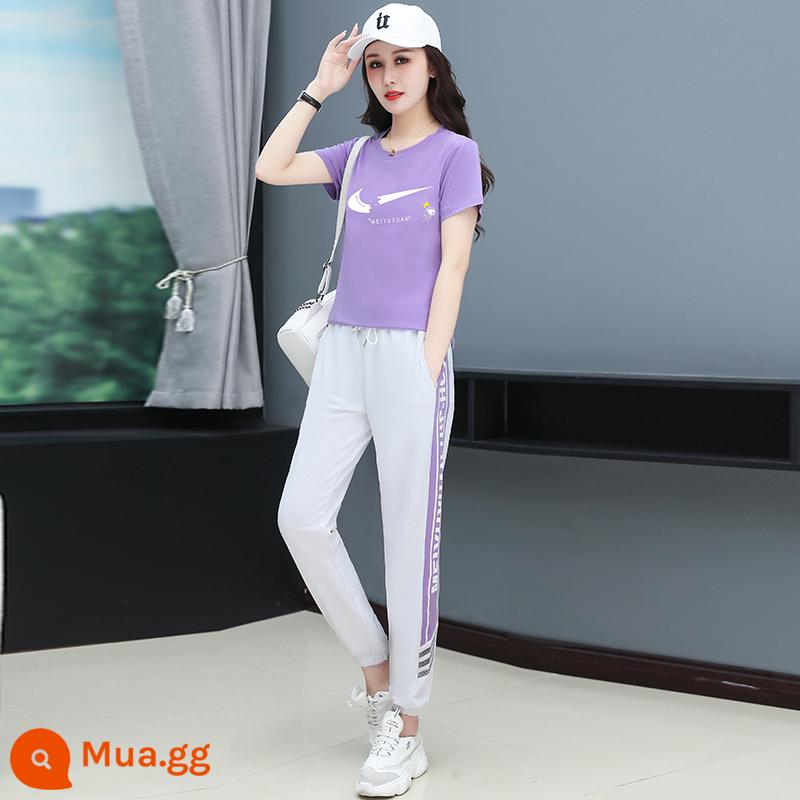 Cotton trường nước ngoài bộ đồ thể thao nữ mùa hè nhỏ tay ngắn crop quần buổi sáng chạy bộ rời size lớn thường ngày 2 - 2297 tím [tay ngắn + quần dài]