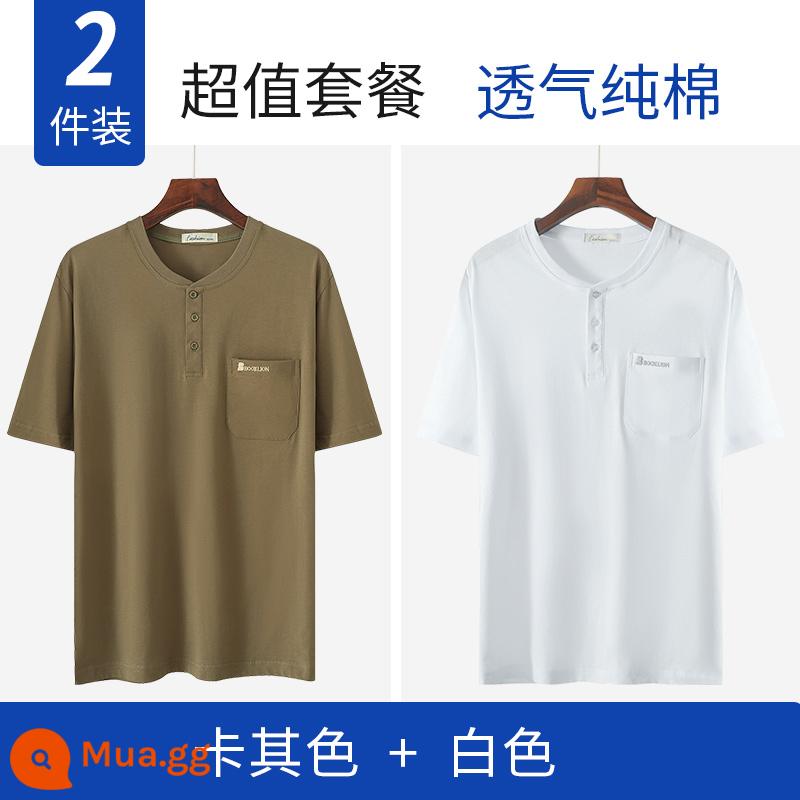 Bố mùa hè áo thun cotton ngắn tay dành cho nam trung niên dành cho người trung niên và người cao tuổi quần áo mùa hè ông nội rộng rãi nửa tay - Kaki + trắng (hai chiếc)