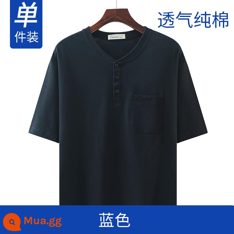 Bố mùa hè áo thun cotton ngắn tay dành cho nam trung niên dành cho người trung niên và người cao tuổi quần áo mùa hè ông nội rộng rãi nửa tay - Màu xanh (gói duy nhất)