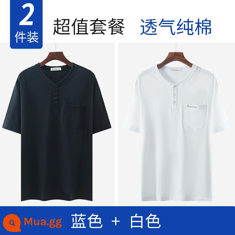 Bố mùa hè áo thun cotton ngắn tay dành cho nam trung niên dành cho người trung niên và người cao tuổi quần áo mùa hè ông nội rộng rãi nửa tay - Màu xanh + trắng (hai mảnh)