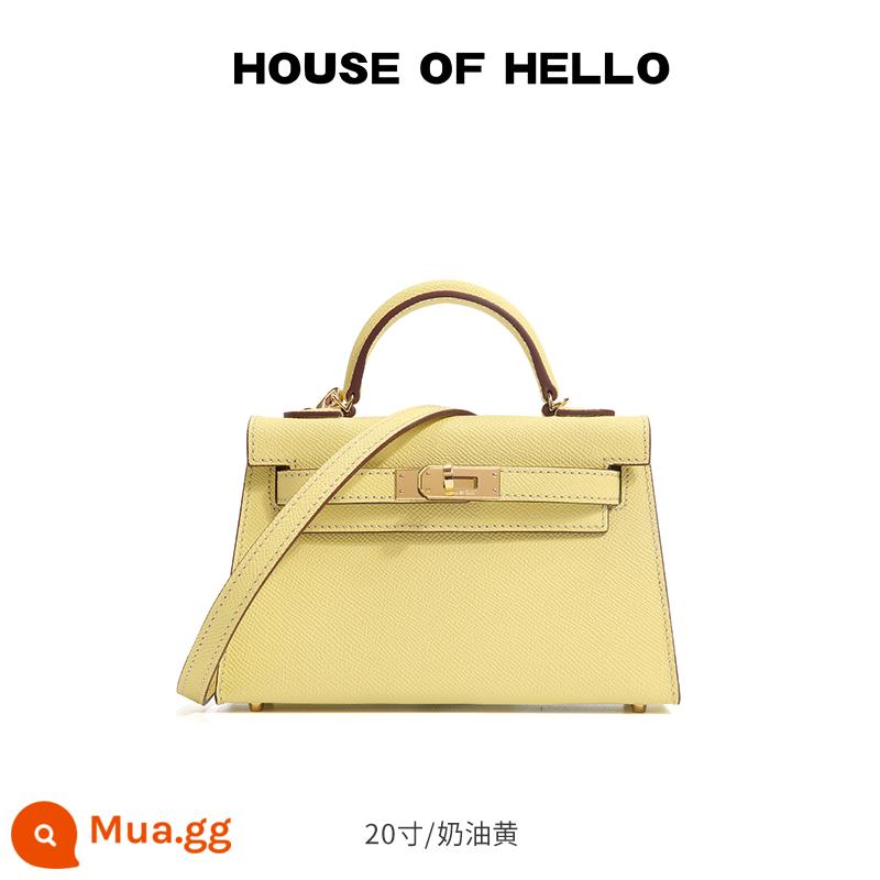 HOUSEOFHELLO nhái mini Kelly bag da thật cao cấp niche thiết kế đeo chéo nhẹ sang trọng Kelly bag - [Vàng Kem] Khóa Vàng/20 Inch (Phiên bản nâng cấp)