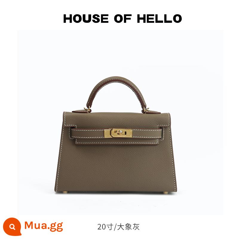 HOUSEOFHELLO nhái mini Kelly bag da thật cao cấp niche thiết kế đeo chéo nhẹ sang trọng Kelly bag - [Xám voi] Khóa vàng/20 inch (Phiên bản nâng cấp)