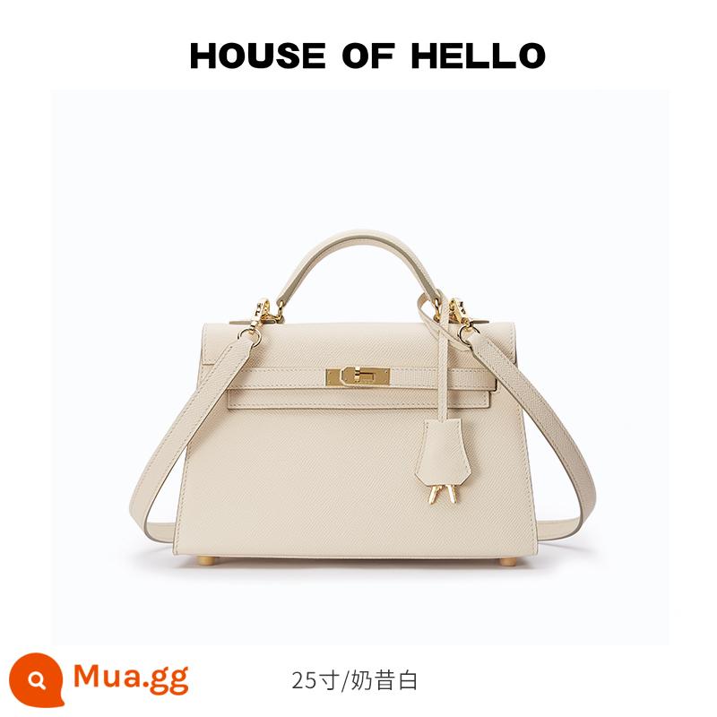 HOUSEOFHELLO nhái mini Kelly bag da thật cao cấp niche thiết kế đeo chéo nhẹ sang trọng Kelly bag - [Sữa lắc trắng] Khóa vàng/25 inch (Phiên bản nâng cấp)