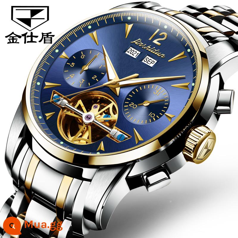 Thương hiệu nổi tiếng Thụy Sĩ đồng hồ cơ nam vàng 18k cao cấp hoàn toàn tự động tourbillon rỗng top 10 thương hiệu - Thụy Sĩ-Bề mặt xanh vàng giữa dải thép