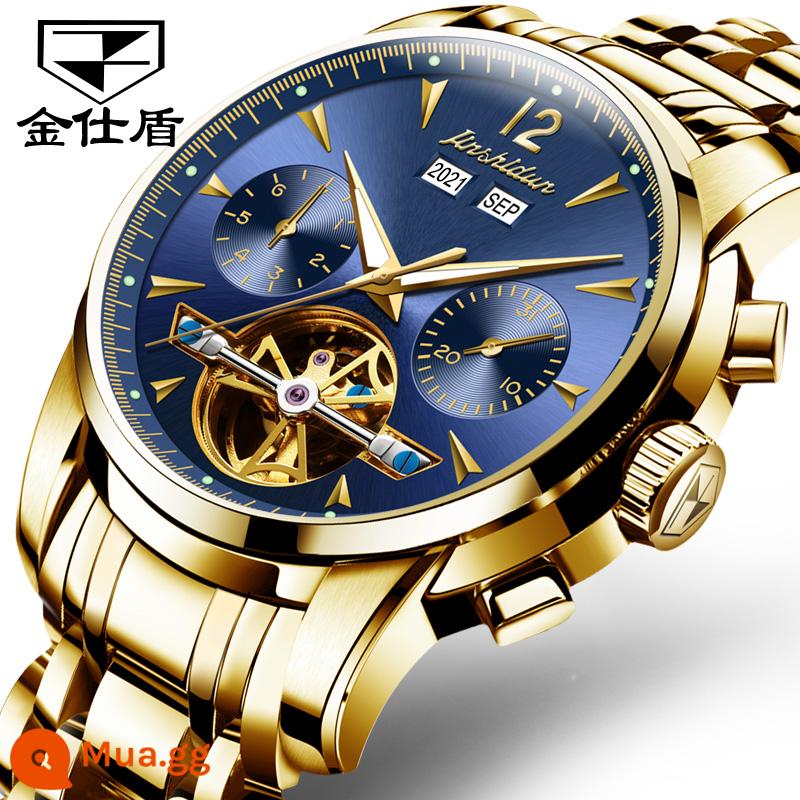 Thương hiệu nổi tiếng Thụy Sĩ đồng hồ cơ nam vàng 18k cao cấp hoàn toàn tự động tourbillon rỗng top 10 thương hiệu - Thắt lưng thép Thụy Sĩ mặt đầy đủ vàng và xanh