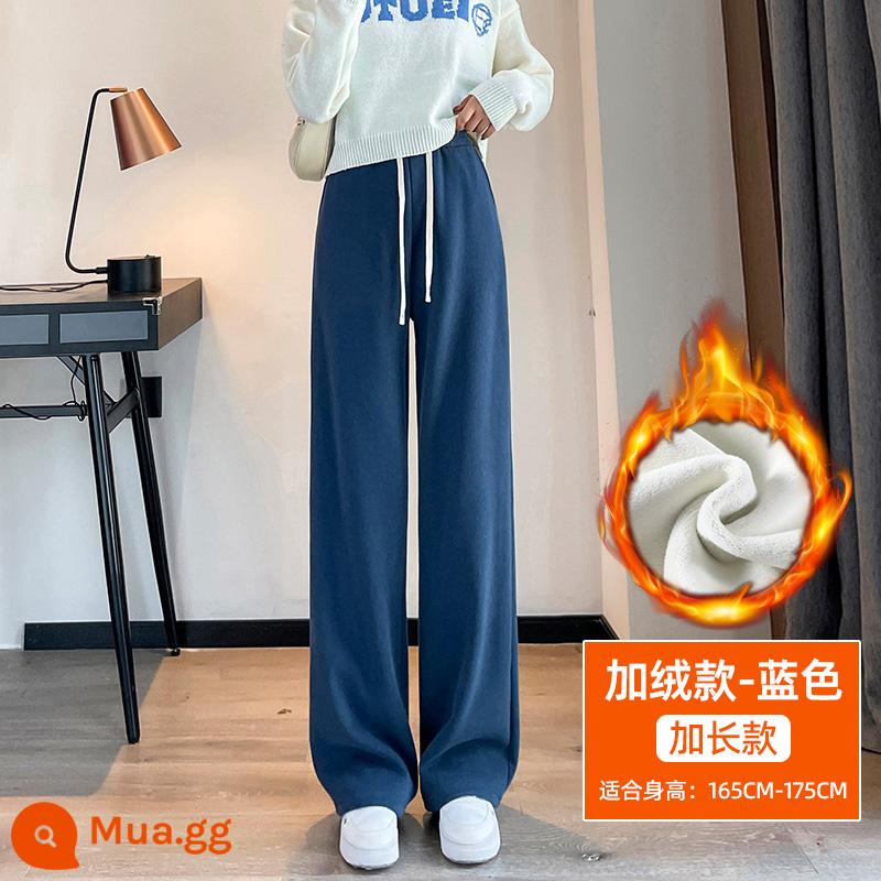 Quần rộng màu đen nữ cộng với Velvet Mùa thu và mùa đông Warm Strag - Màu xanh lam mở rộng (cộng với nhung)