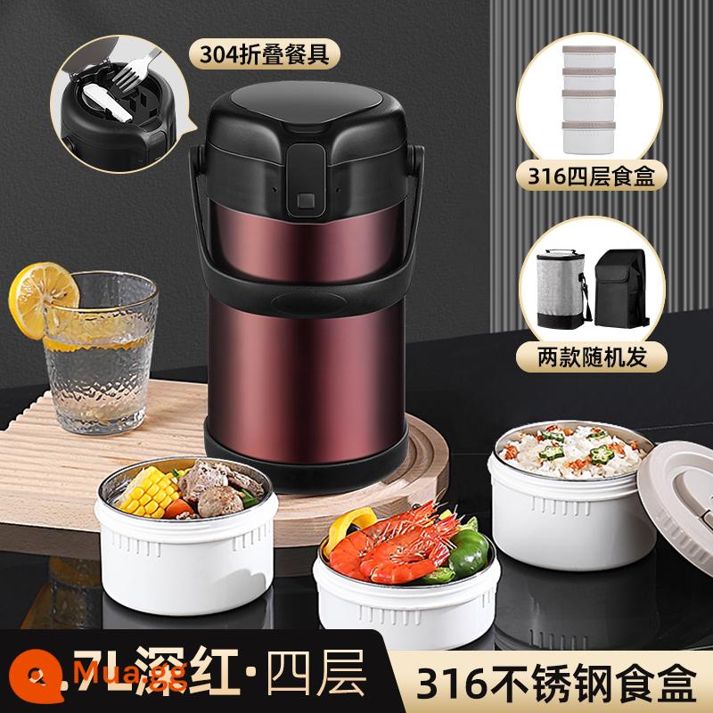 316 Thép không gỉ cách nhiệt nhân viên phòng vé Bento với thùng cách nhiệt dài lớn -Capacity Bento Box Multi -layer - Crimson 2.7L-4 lớp cách nhiệt 2 lớp chống bỏng (316 ngăn đựng thực phẩm)