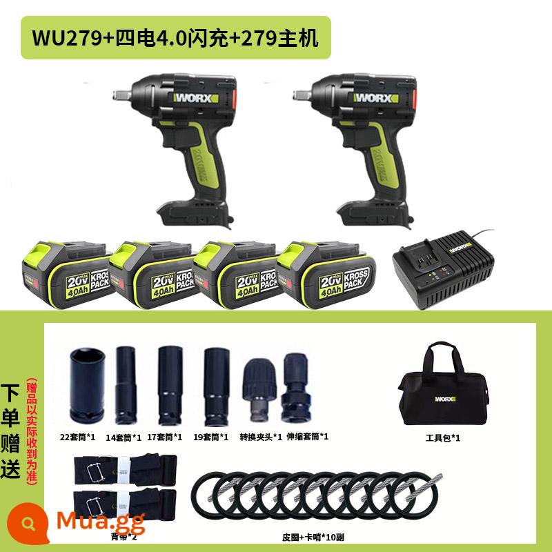 Worx Điện Tua Vít Mô-men Xoắn Cao Pin Lithium Không Chổi Than WU279 Đặc Biệt Sạc Khí Nén Cờ Lê Công Cụ Kệ Công Nhân - WU279+WU279 (4.0 bốn pin + sạc flash)