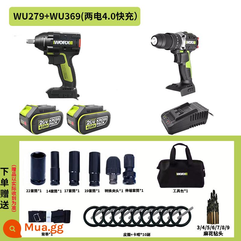 Worx Điện Tua Vít Mô-men Xoắn Cao Pin Lithium Không Chổi Than WU279 Đặc Biệt Sạc Khí Nén Cờ Lê Công Cụ Kệ Công Nhân - WU279+WU369 (pin kép 4.0 + sạc nhanh)