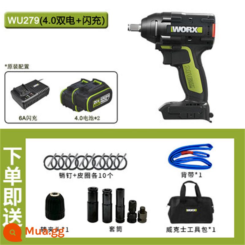 Worx Điện Tua Vít Mô-men Xoắn Cao Pin Lithium Không Chổi Than WU279 Đặc Biệt Sạc Khí Nén Cờ Lê Công Cụ Kệ Công Nhân - WU279 (Pin kép 4.0 + sạc flash + gói phụ kiện)