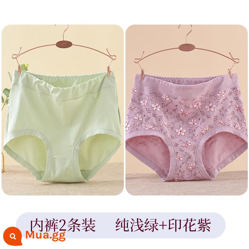 Quần lót của mẹ vải cotton nguyên chất lưng cao cỡ lớn đồ lót tam giác dành cho người trung niên và người già dành cho phụ nữ và người già quần short cotton rộng rãi - [2 món] Xanh nhạt + in tím