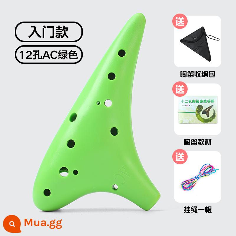 Ocarina nhựa dành cho người mới bắt đầu 12 lỗ 12 lỗ C key alto AC học sinh trẻ em nhựa nhựa chơi nhạc cụ sơ cấp - [Màu xanh lá cây] + Dây buộc + Tài liệu giảng dạy + Túi đựng